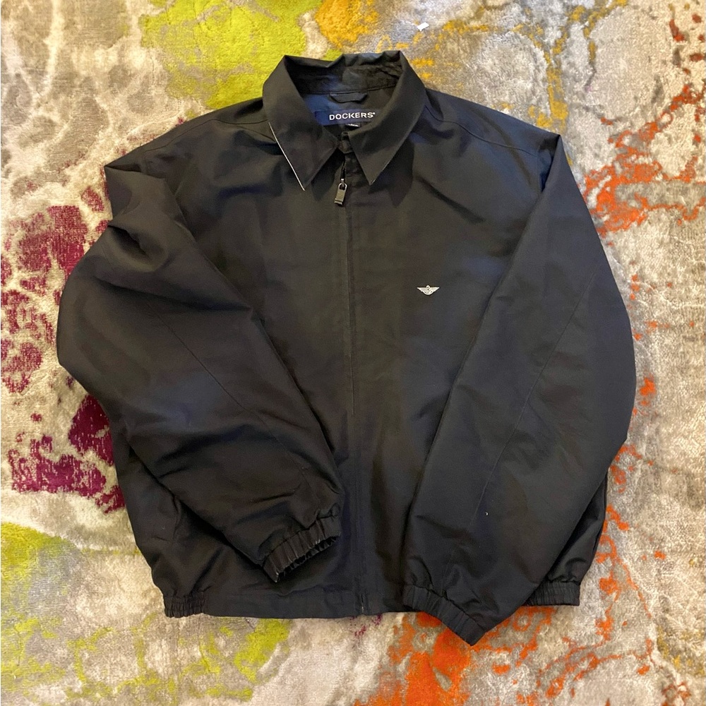 Dockers black weather resistant zip jacket with tan accents, men’s L
